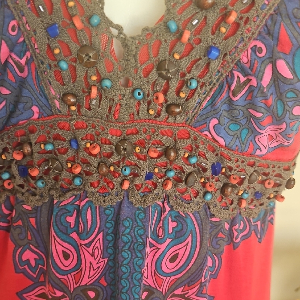 BEAUTIFUL FREE PEOPLE RED, PINK, AND BROWN BEADED TUNIC OR DRESS. NWOT. - Picture 2 of 16
